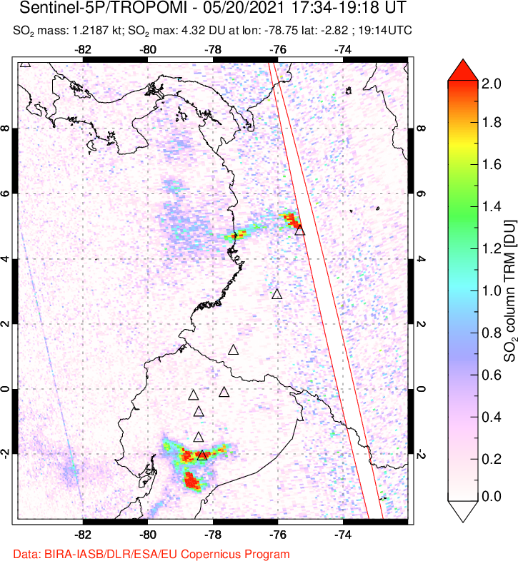A sulfur dioxide image over Ecuador on May 20, 2021.