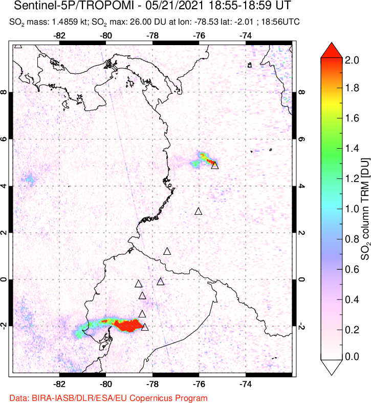 A sulfur dioxide image over Ecuador on May 21, 2021.