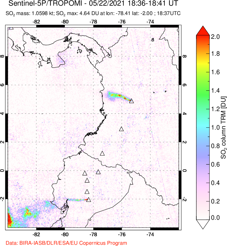 A sulfur dioxide image over Ecuador on May 22, 2021.