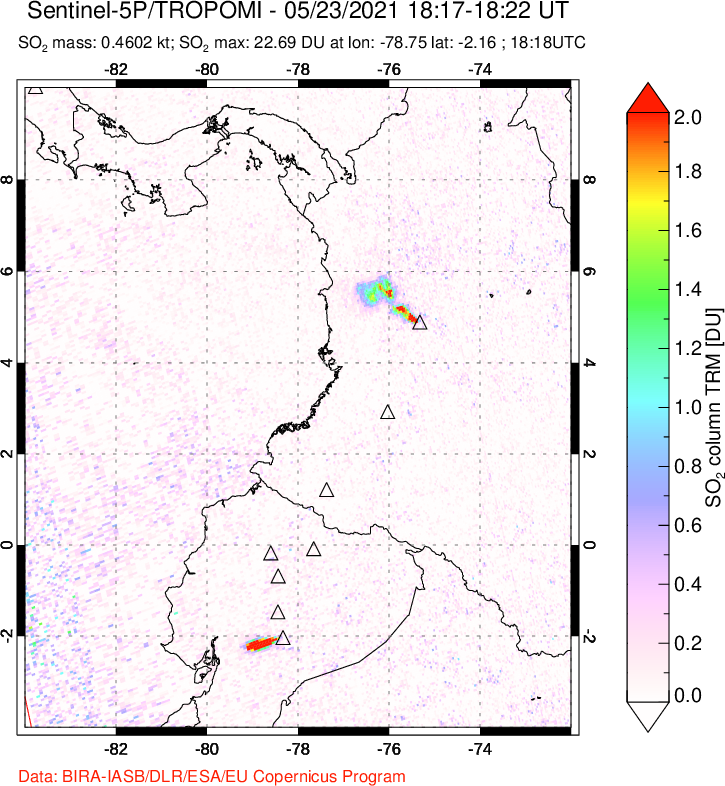 A sulfur dioxide image over Ecuador on May 23, 2021.