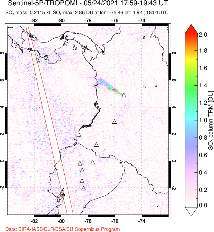 A sulfur dioxide image over Ecuador on May 24, 2021.