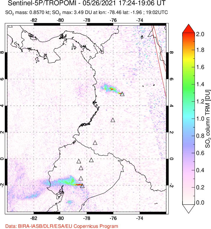 A sulfur dioxide image over Ecuador on May 26, 2021.