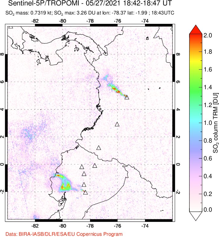 A sulfur dioxide image over Ecuador on May 27, 2021.