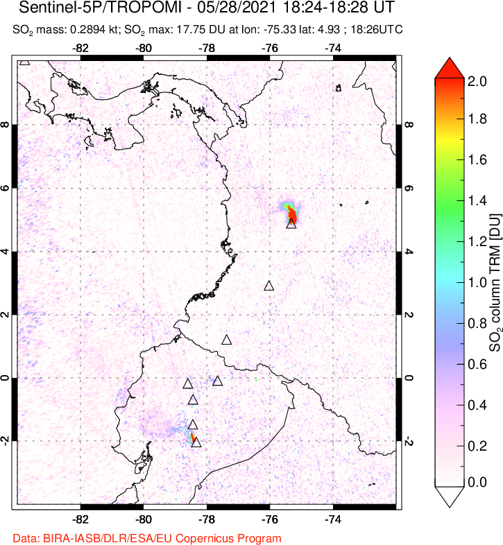 A sulfur dioxide image over Ecuador on May 28, 2021.