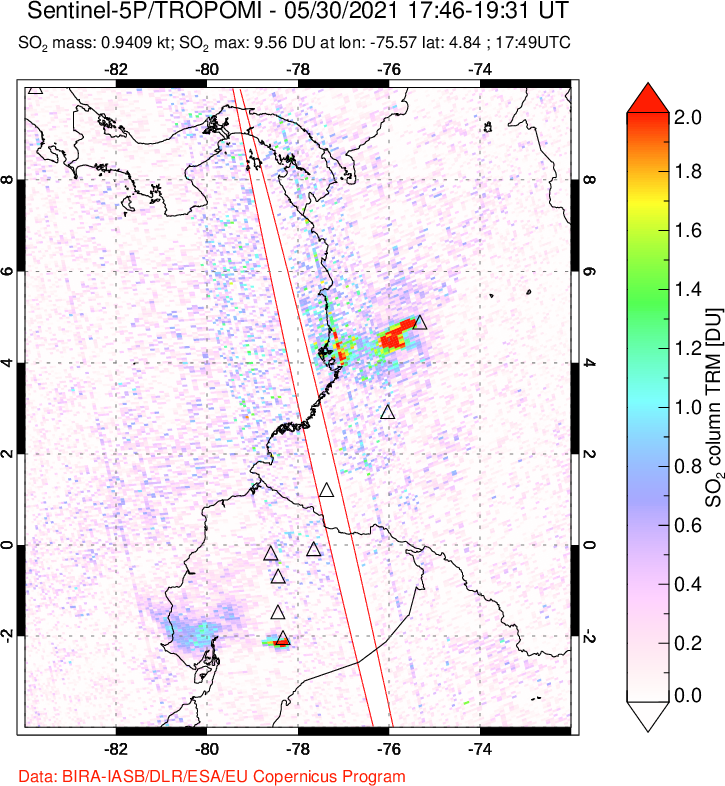 A sulfur dioxide image over Ecuador on May 30, 2021.