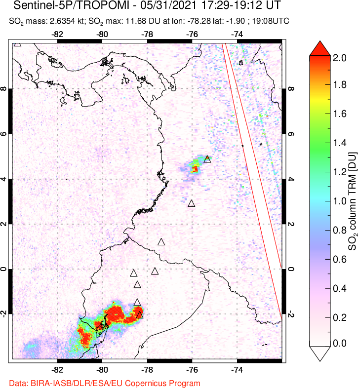 A sulfur dioxide image over Ecuador on May 31, 2021.