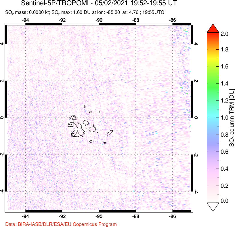 A sulfur dioxide image over Galápagos Islands on May 02, 2021.