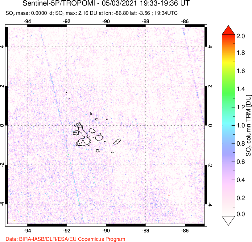 A sulfur dioxide image over Galápagos Islands on May 03, 2021.