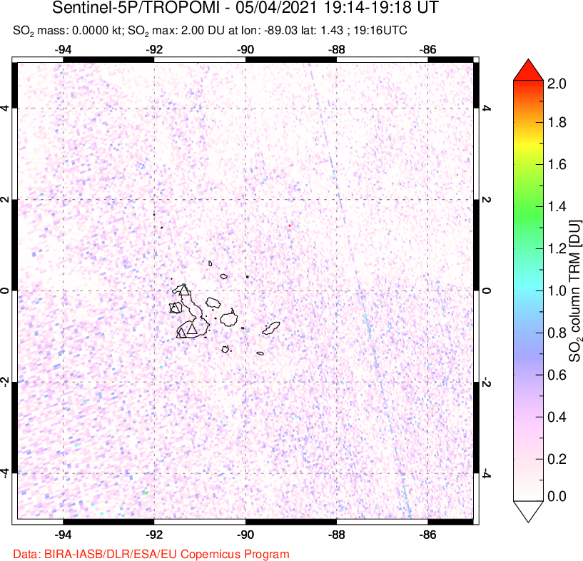 A sulfur dioxide image over Galápagos Islands on May 04, 2021.