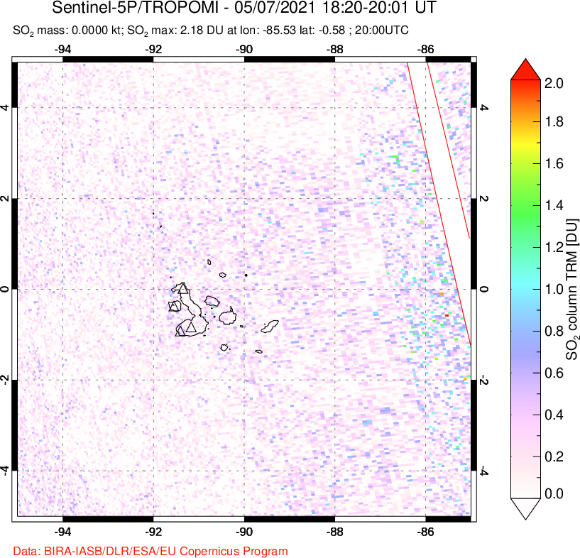 A sulfur dioxide image over Galápagos Islands on May 07, 2021.