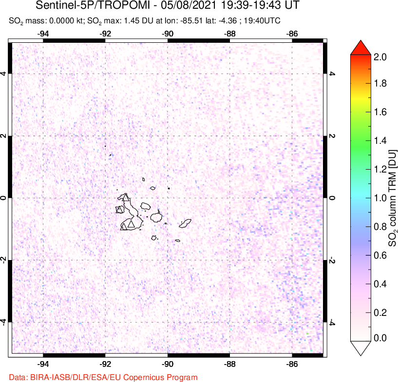 A sulfur dioxide image over Galápagos Islands on May 08, 2021.