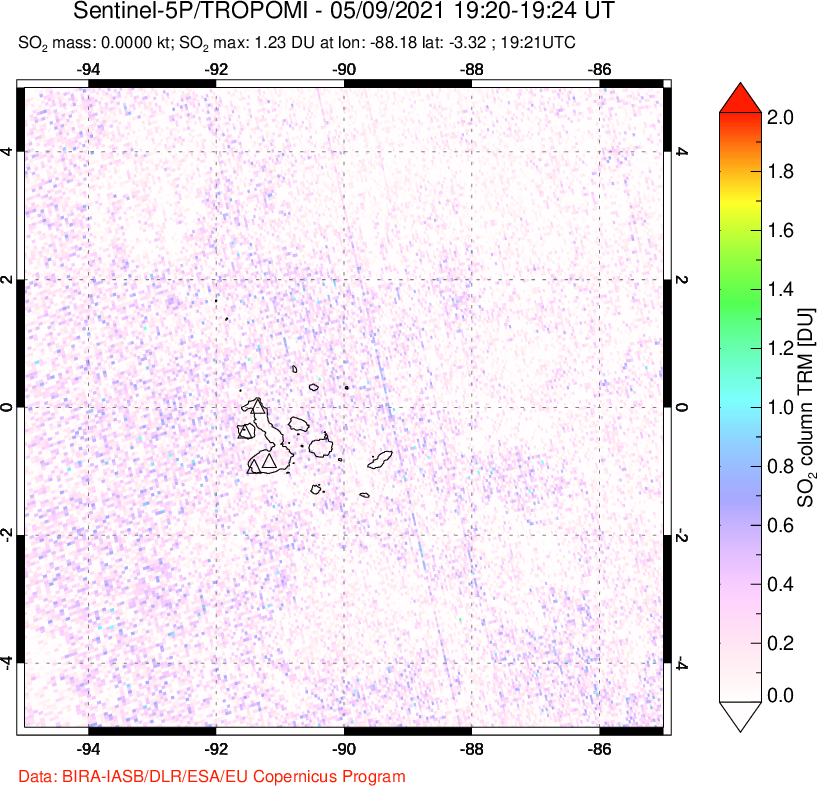 A sulfur dioxide image over Galápagos Islands on May 09, 2021.