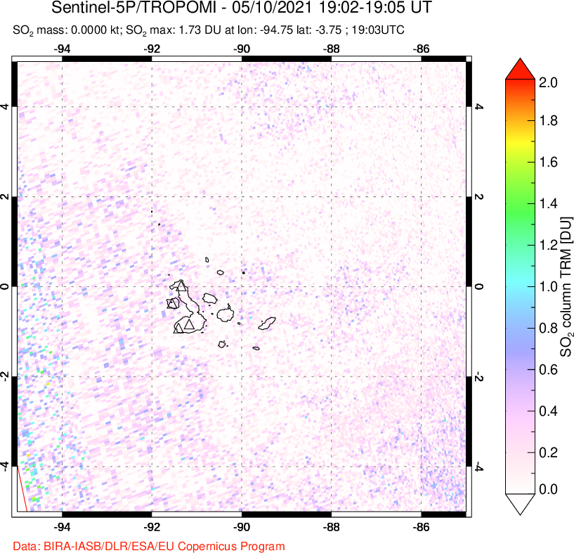 A sulfur dioxide image over Galápagos Islands on May 10, 2021.