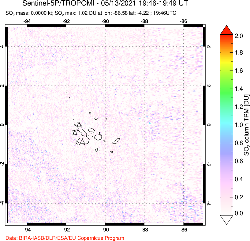 A sulfur dioxide image over Galápagos Islands on May 13, 2021.