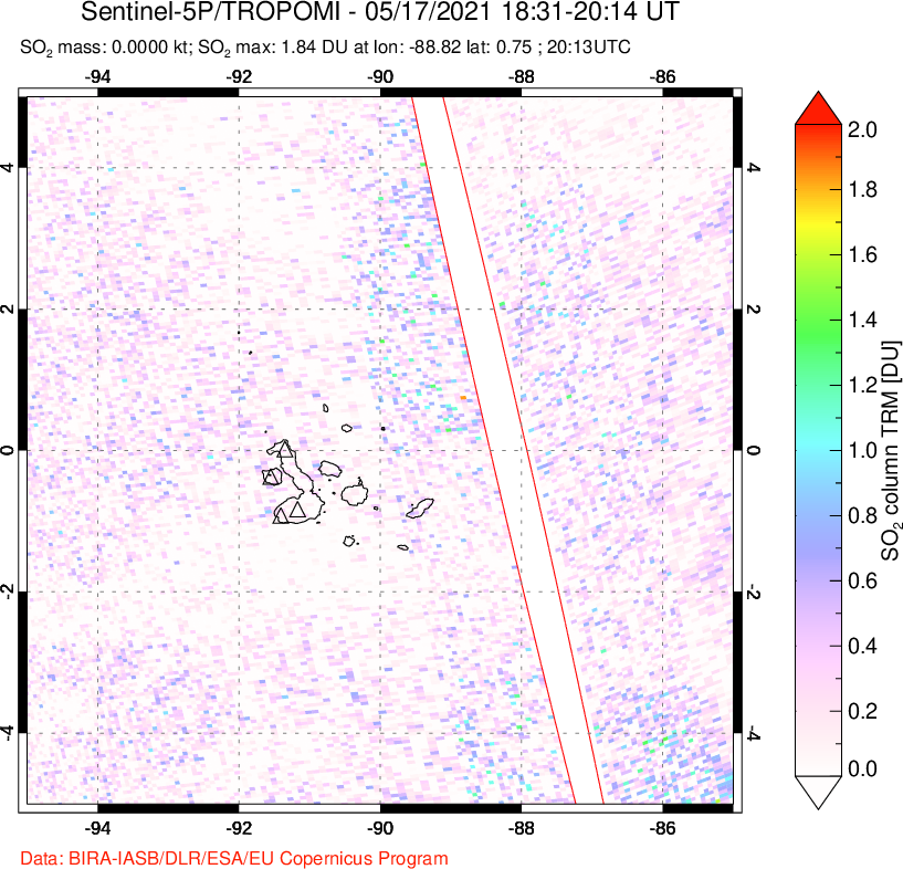 A sulfur dioxide image over Galápagos Islands on May 17, 2021.