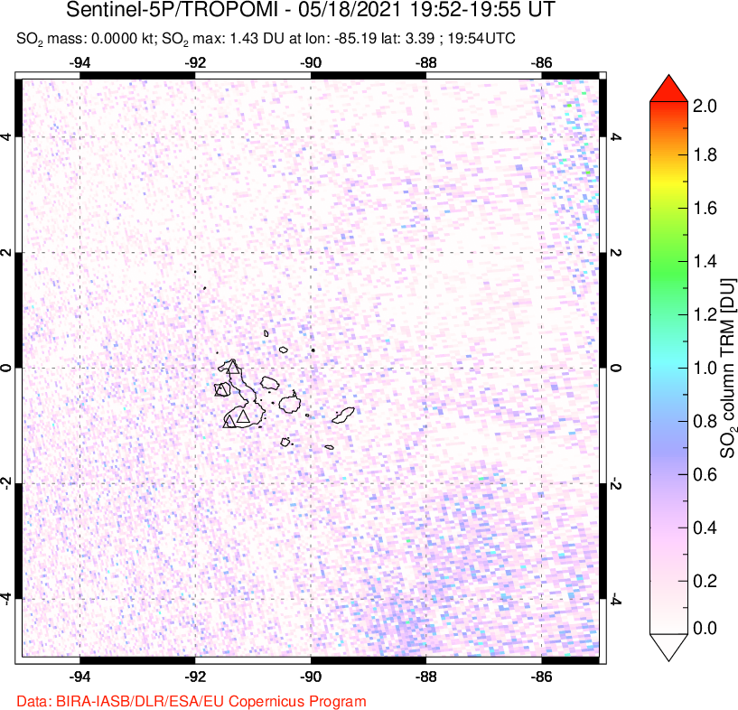 A sulfur dioxide image over Galápagos Islands on May 18, 2021.