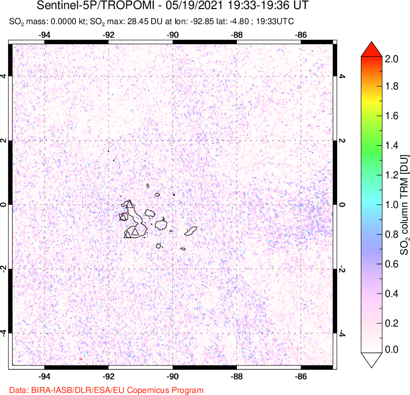 A sulfur dioxide image over Galápagos Islands on May 19, 2021.