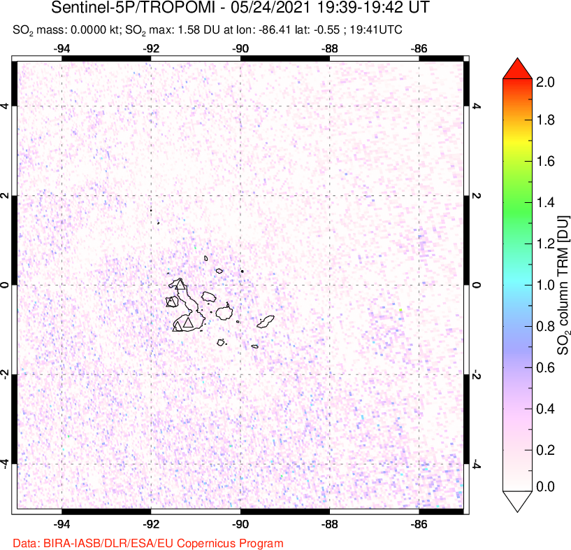 A sulfur dioxide image over Galápagos Islands on May 24, 2021.