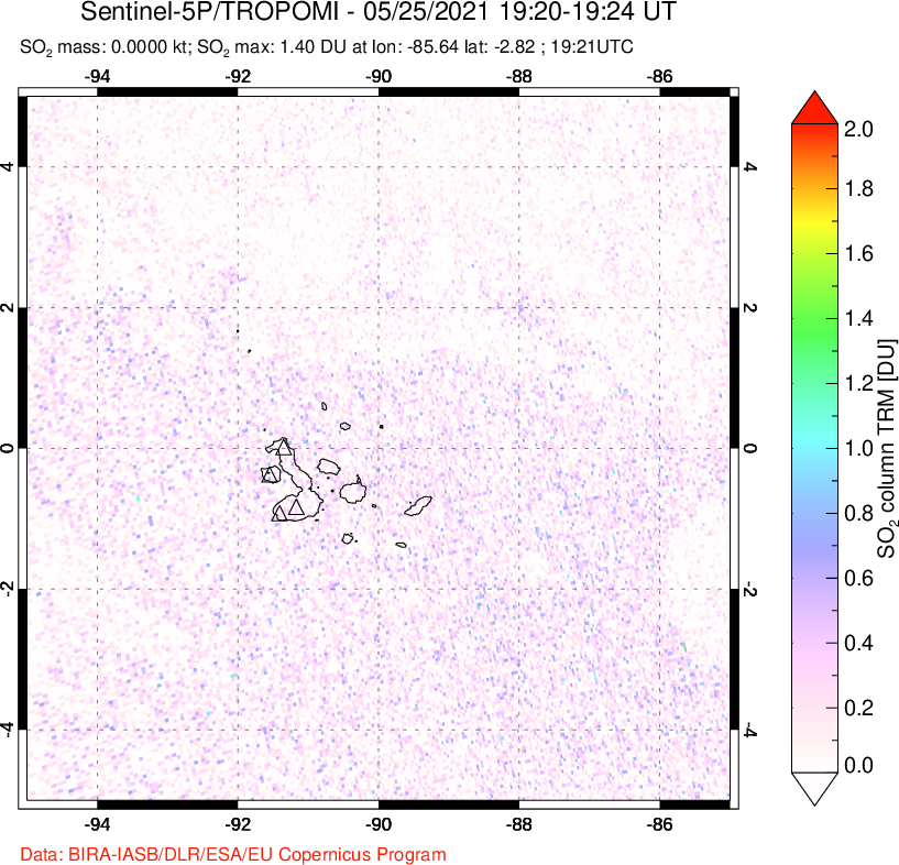 A sulfur dioxide image over Galápagos Islands on May 25, 2021.