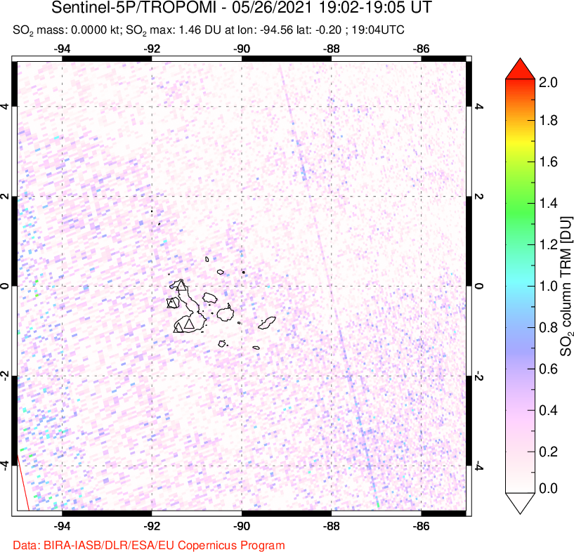 A sulfur dioxide image over Galápagos Islands on May 26, 2021.
