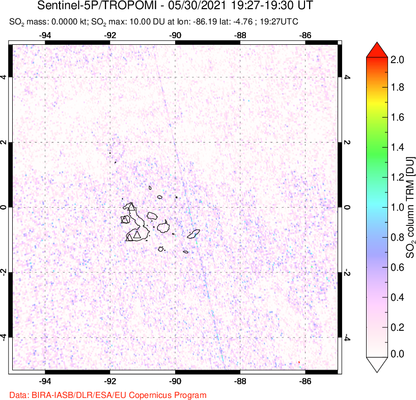 A sulfur dioxide image over Galápagos Islands on May 30, 2021.