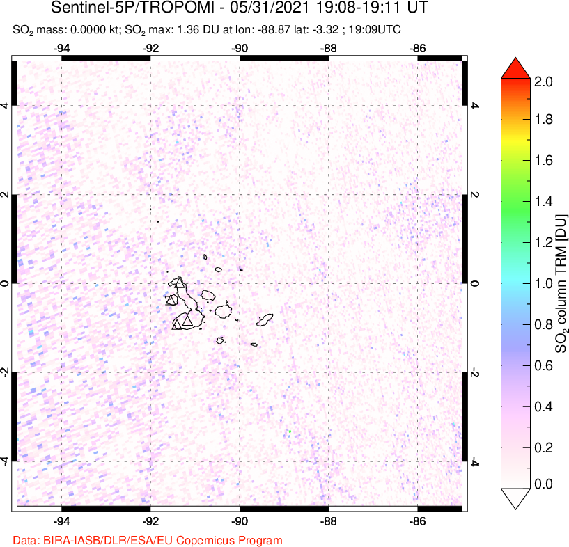 A sulfur dioxide image over Galápagos Islands on May 31, 2021.