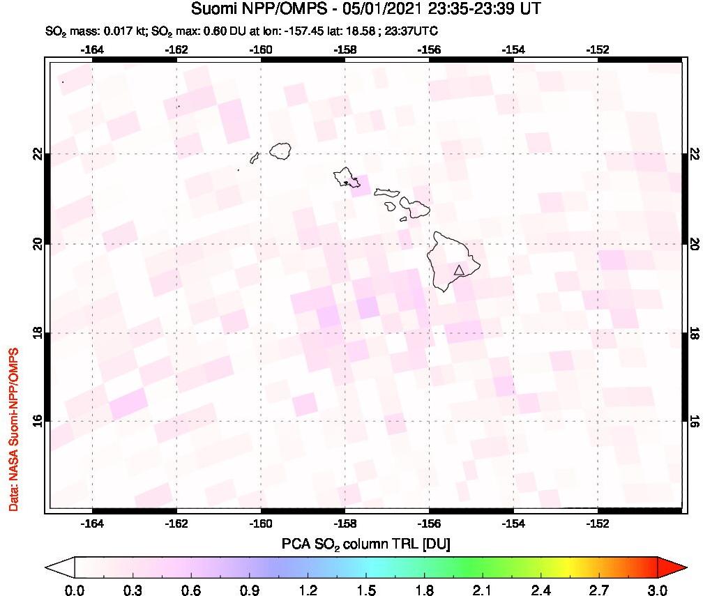 A sulfur dioxide image over Hawaii, USA on May 01, 2021.