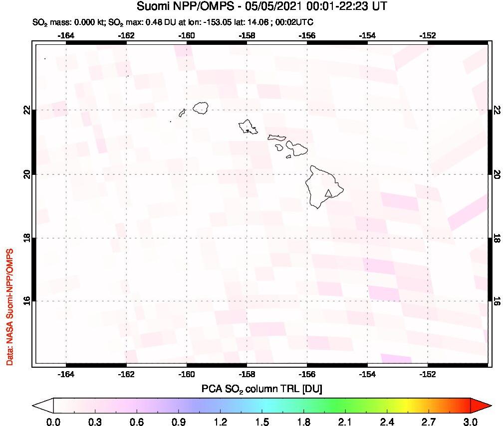 A sulfur dioxide image over Hawaii, USA on May 05, 2021.