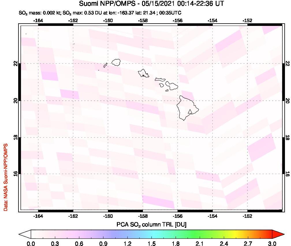 A sulfur dioxide image over Hawaii, USA on May 15, 2021.