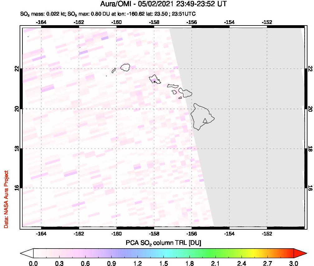 A sulfur dioxide image over Hawaii, USA on May 02, 2021.
