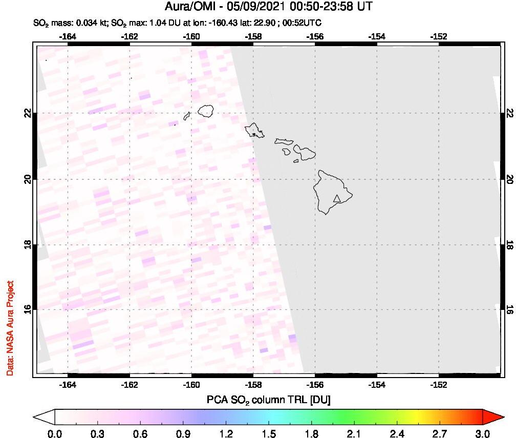 A sulfur dioxide image over Hawaii, USA on May 09, 2021.