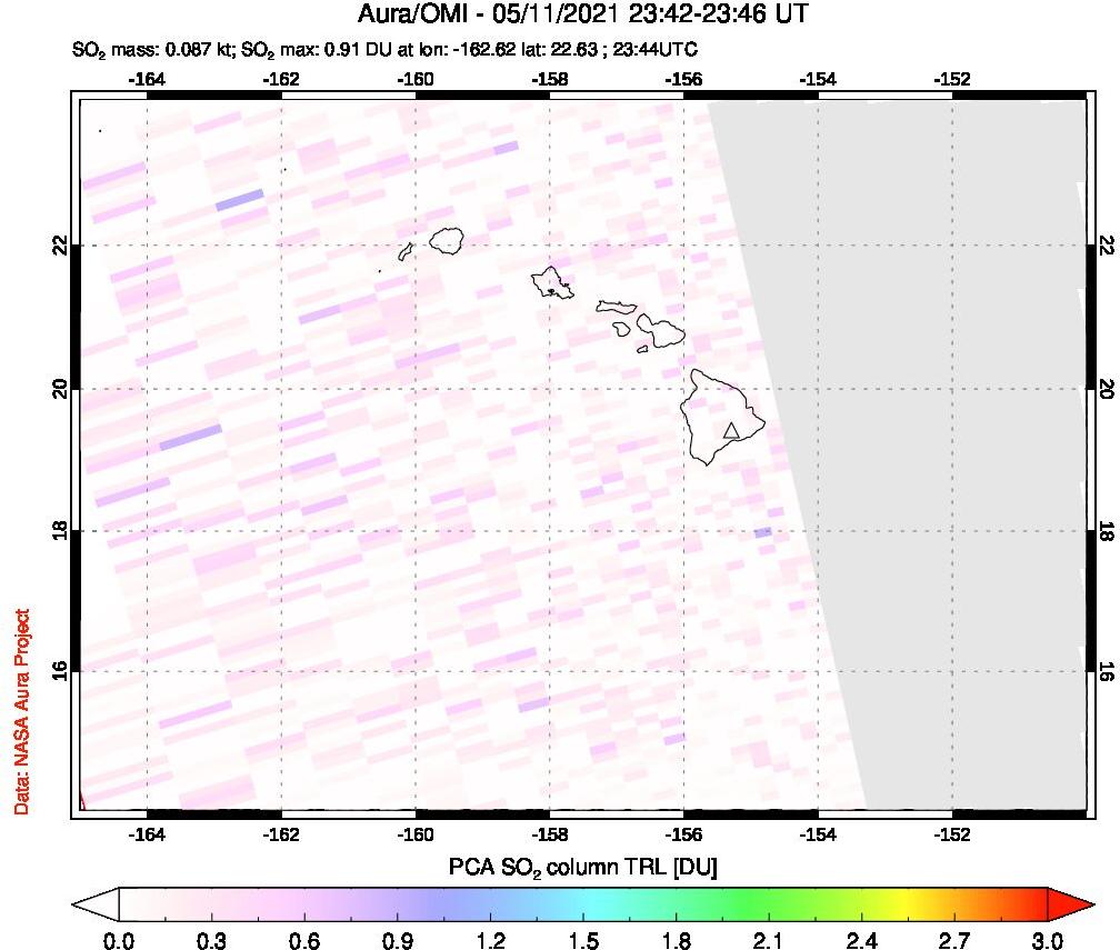 A sulfur dioxide image over Hawaii, USA on May 11, 2021.