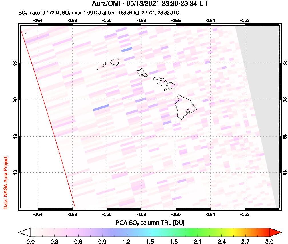 A sulfur dioxide image over Hawaii, USA on May 13, 2021.