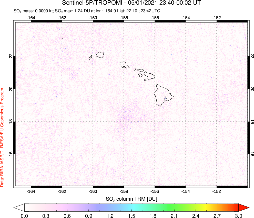 A sulfur dioxide image over Hawaii, USA on May 01, 2021.