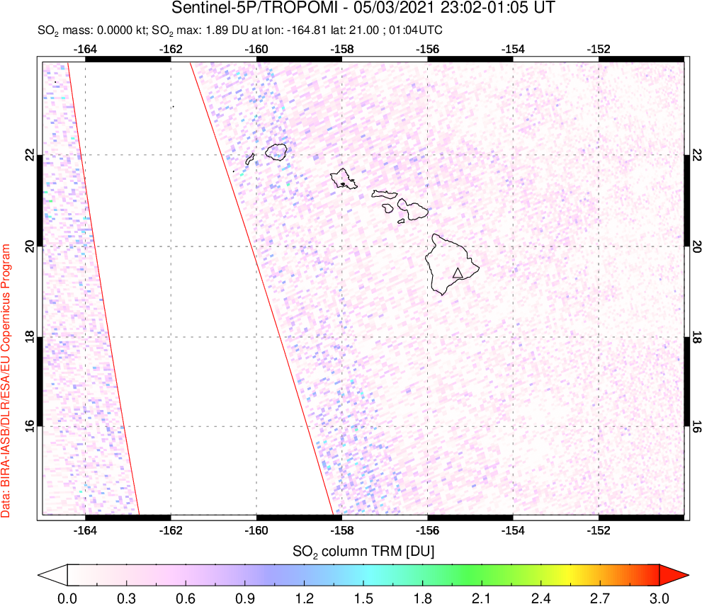 A sulfur dioxide image over Hawaii, USA on May 03, 2021.