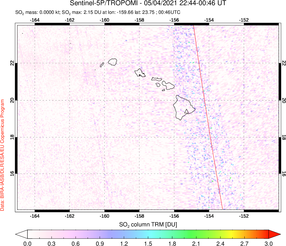 A sulfur dioxide image over Hawaii, USA on May 04, 2021.