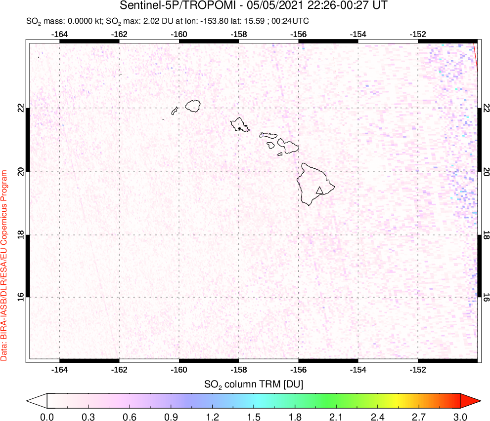 A sulfur dioxide image over Hawaii, USA on May 05, 2021.
