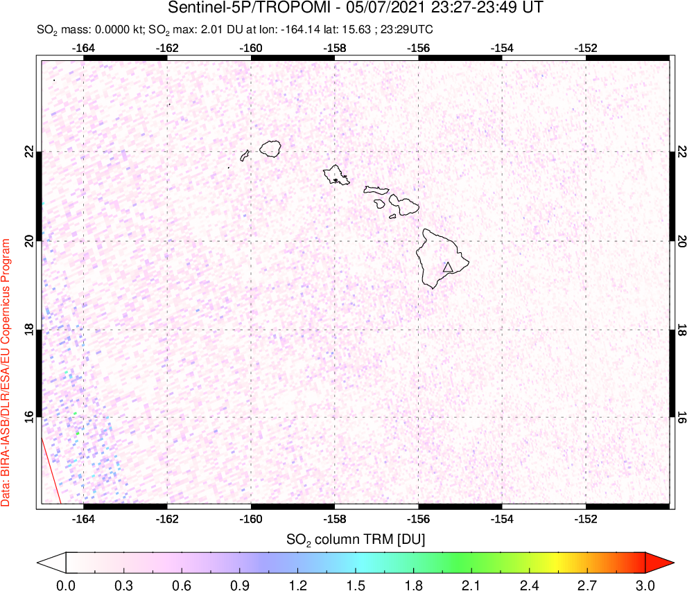 A sulfur dioxide image over Hawaii, USA on May 07, 2021.