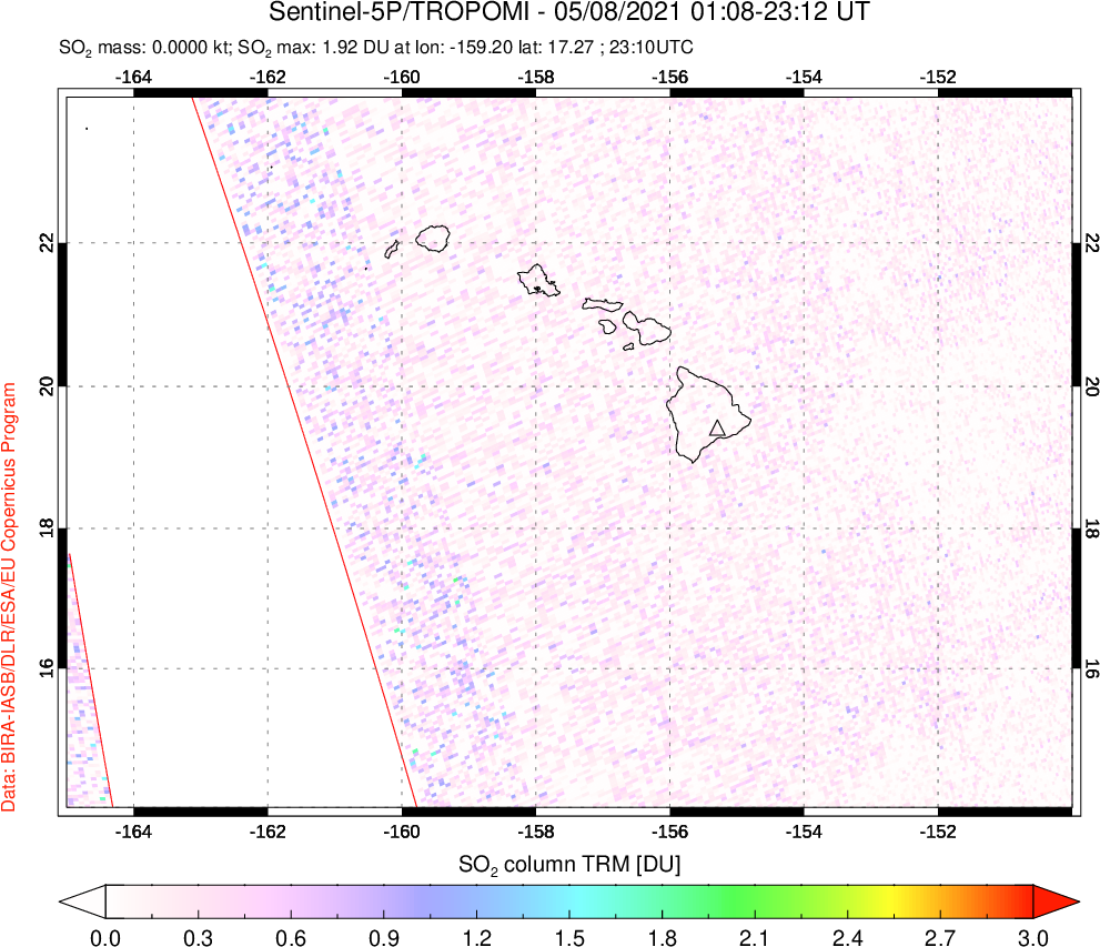 A sulfur dioxide image over Hawaii, USA on May 08, 2021.