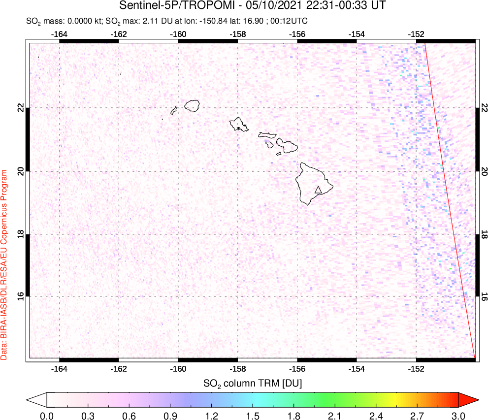 A sulfur dioxide image over Hawaii, USA on May 10, 2021.