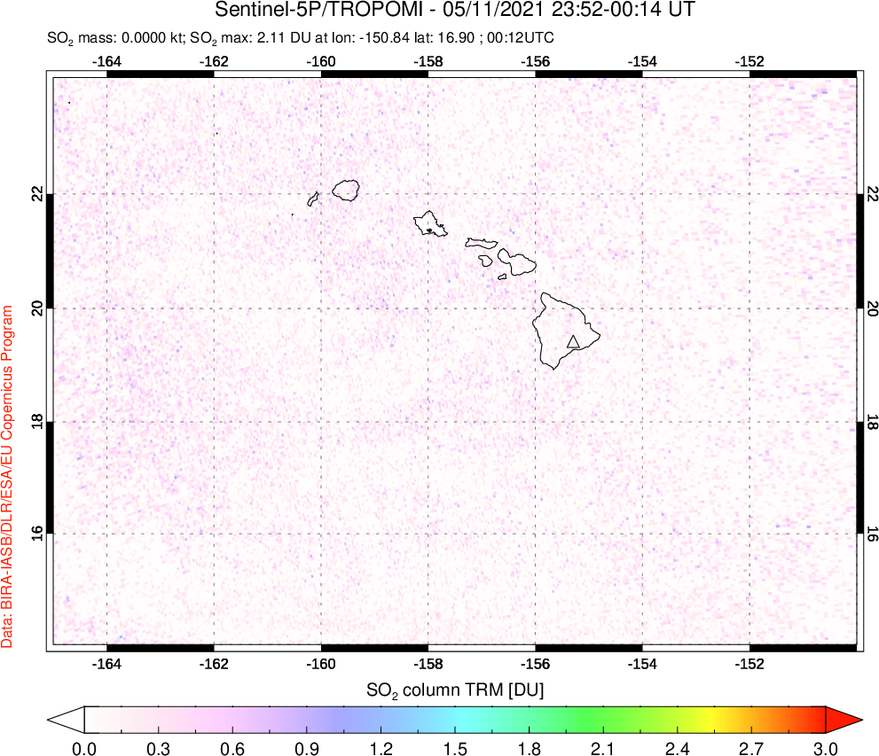 A sulfur dioxide image over Hawaii, USA on May 11, 2021.
