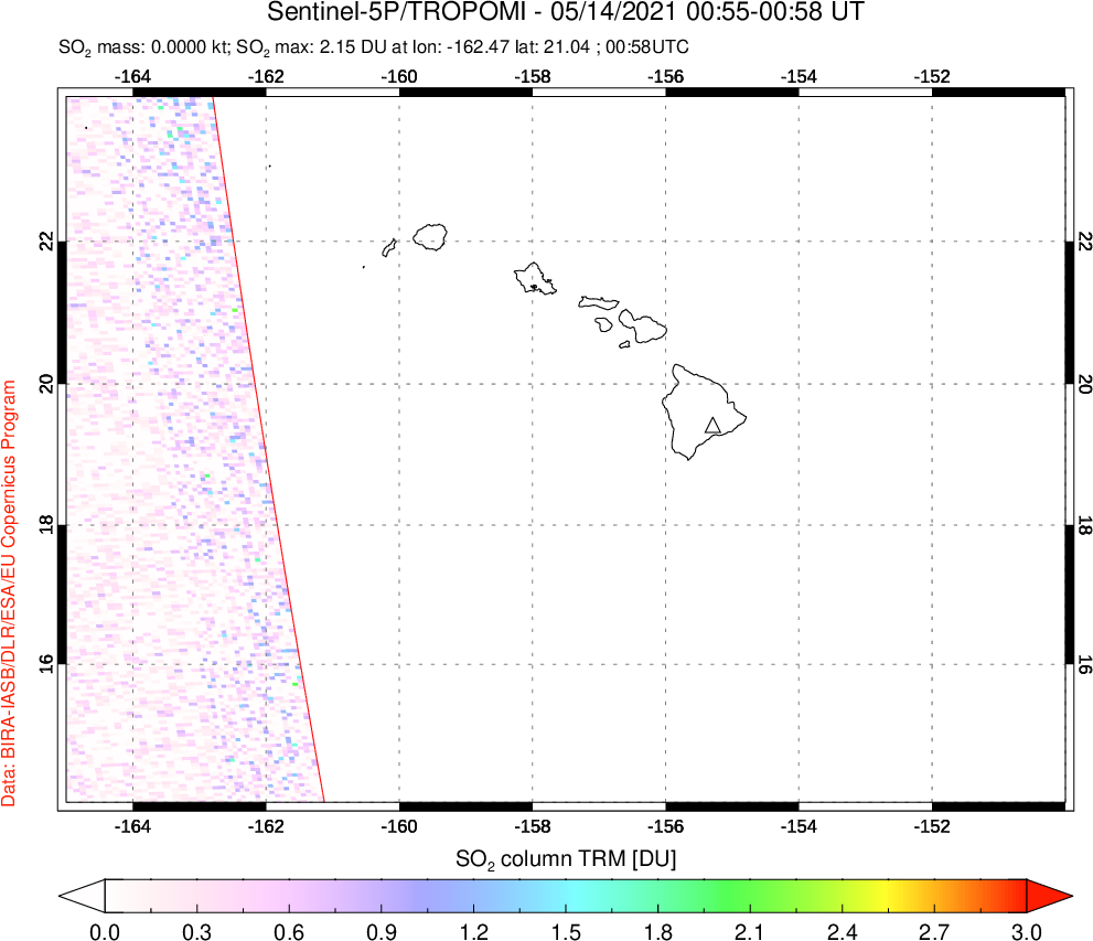 A sulfur dioxide image over Hawaii, USA on May 14, 2021.