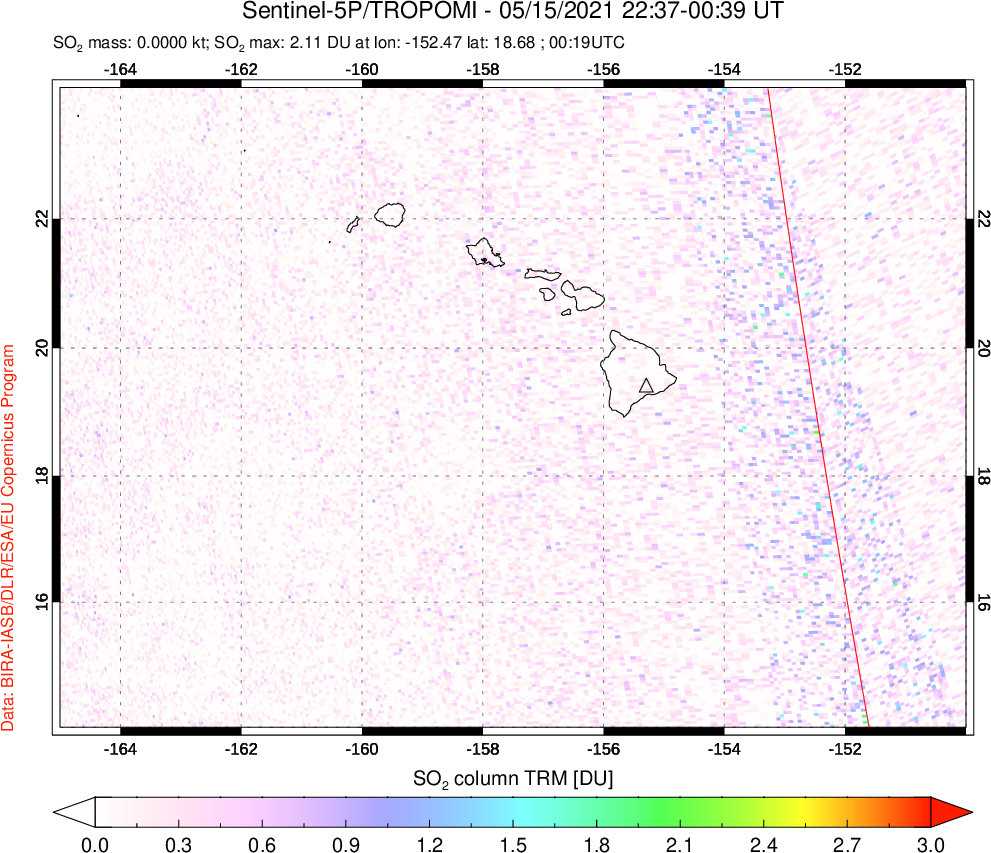 A sulfur dioxide image over Hawaii, USA on May 15, 2021.