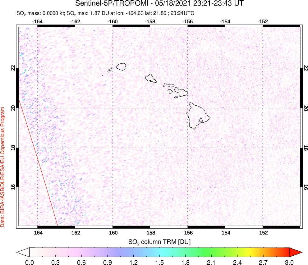 A sulfur dioxide image over Hawaii, USA on May 18, 2021.