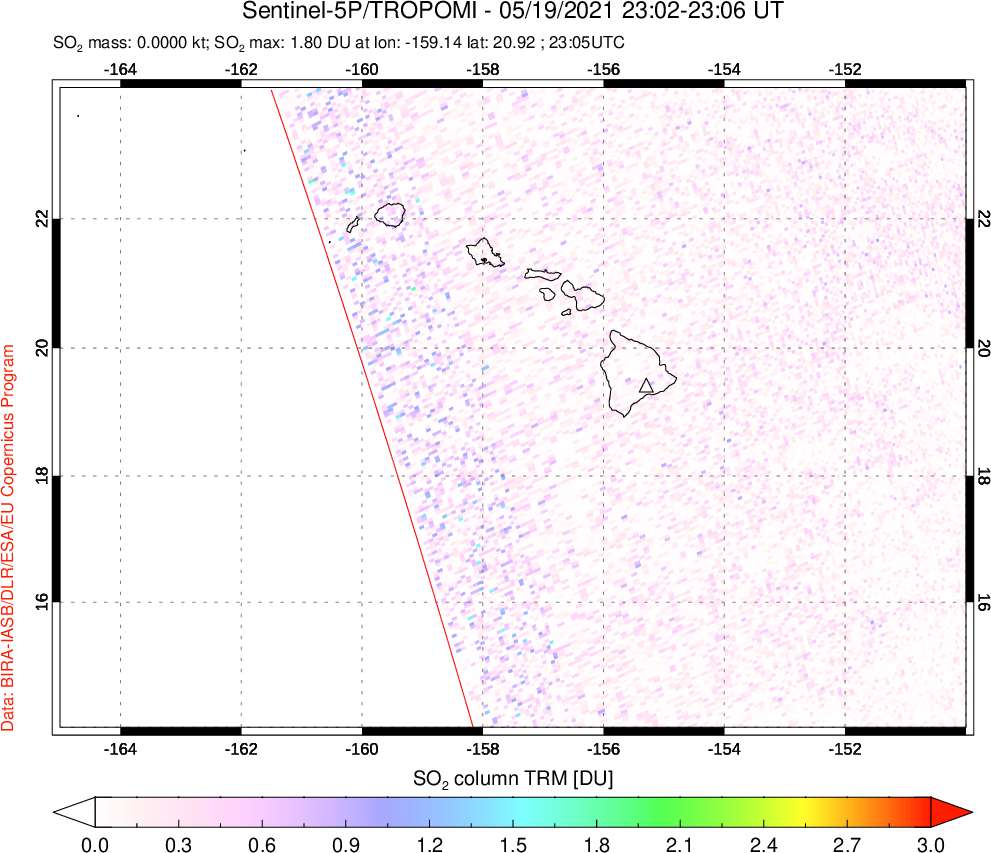 A sulfur dioxide image over Hawaii, USA on May 19, 2021.