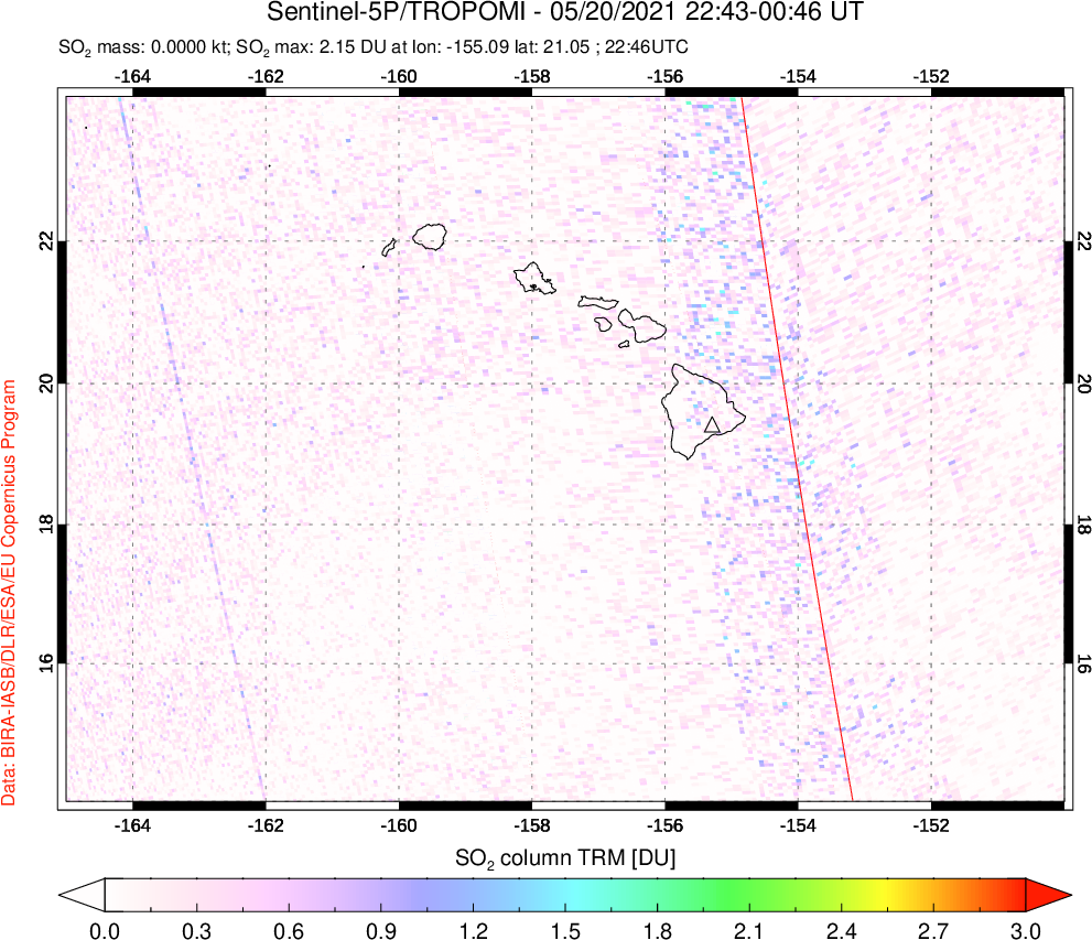 A sulfur dioxide image over Hawaii, USA on May 20, 2021.
