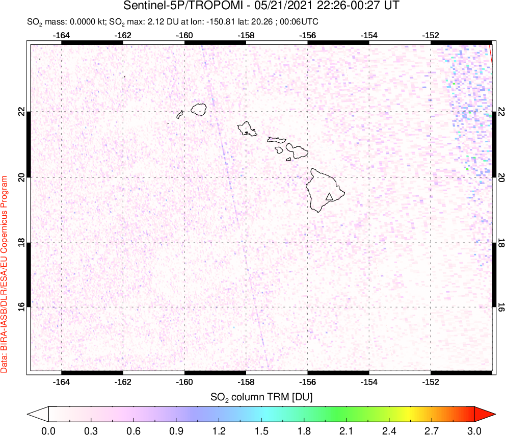 A sulfur dioxide image over Hawaii, USA on May 21, 2021.