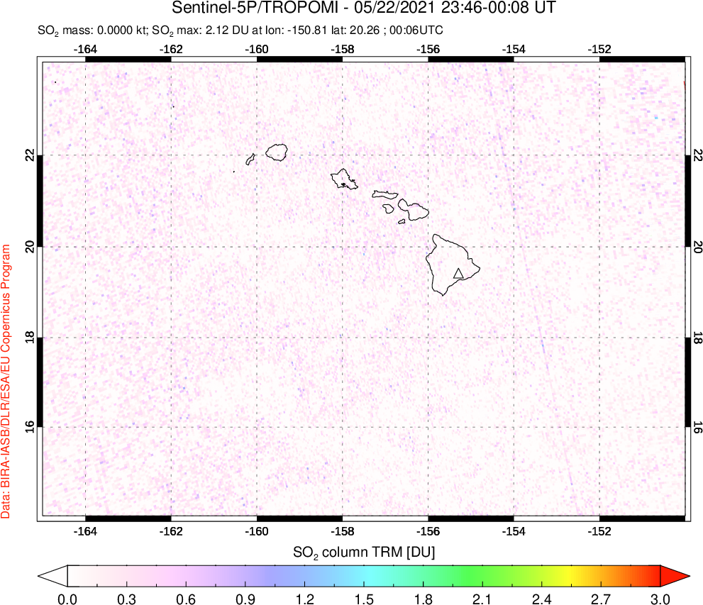 A sulfur dioxide image over Hawaii, USA on May 22, 2021.