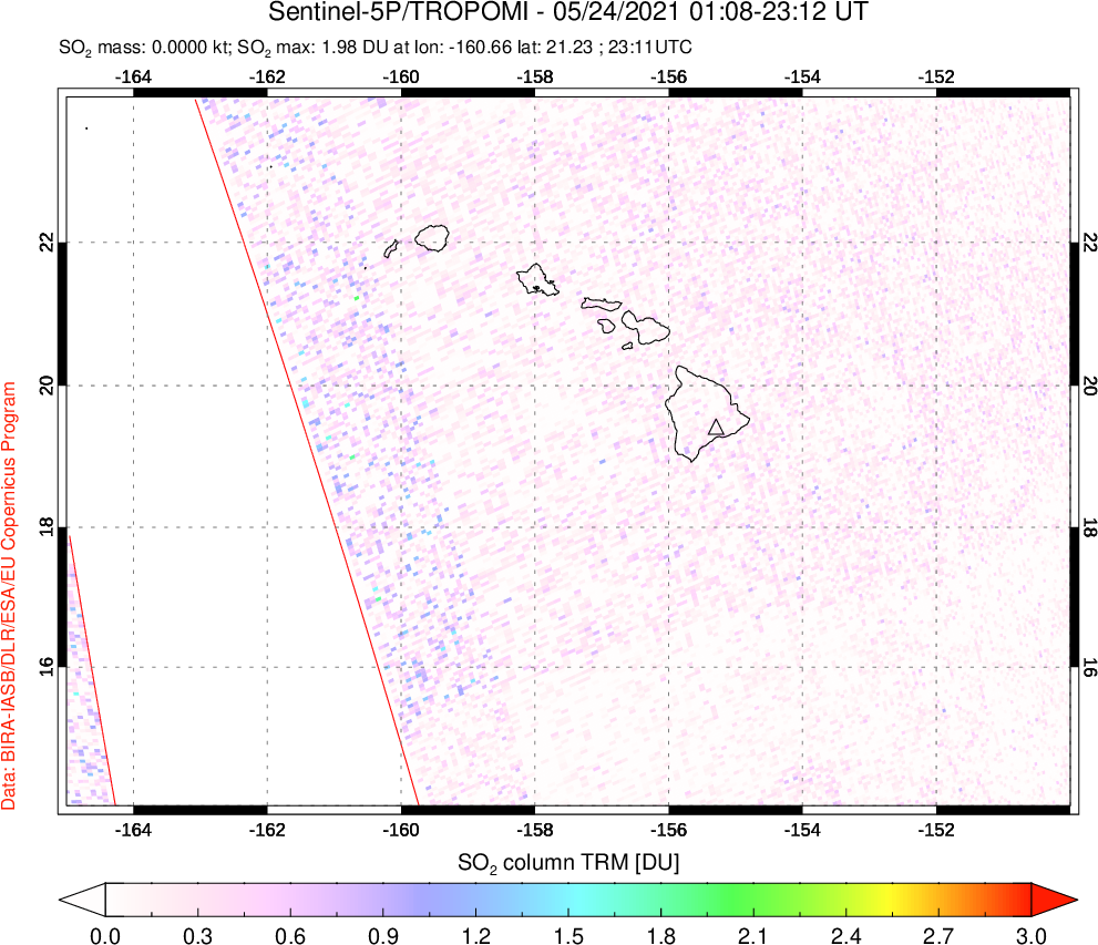 A sulfur dioxide image over Hawaii, USA on May 24, 2021.