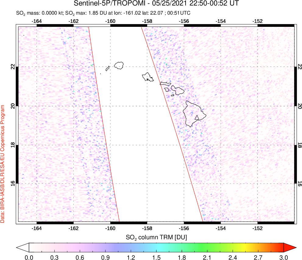 A sulfur dioxide image over Hawaii, USA on May 25, 2021.
